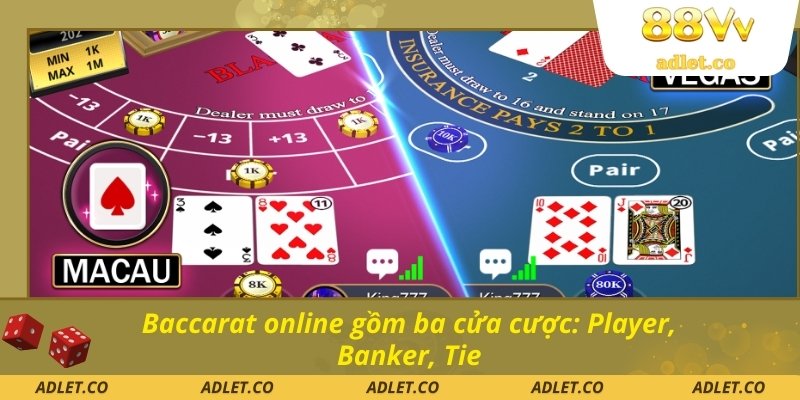 Baccarat online gồm ba cửa cược: Player, Banker, Tie